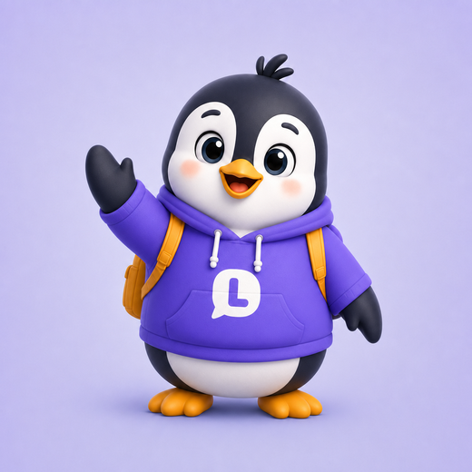 Lingupi penguin mascot in a purple hoodie